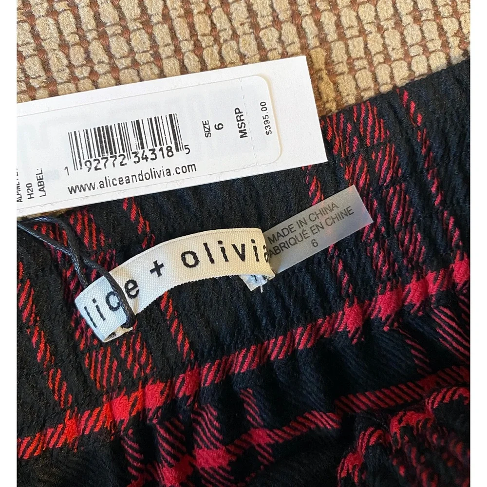 Alice + Olivia Natalina Plaid High-Low Asymmetrical Red Black Midi Skirt